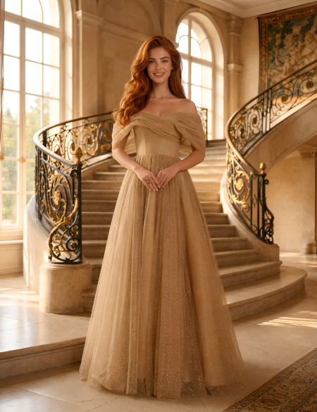 Бежевое блестящее платье с объемными плечами