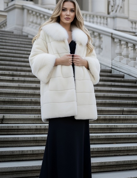 Брендовая элегантная шуба из стриженного кролика, с воротником и манжетами из меха песца Severina. 