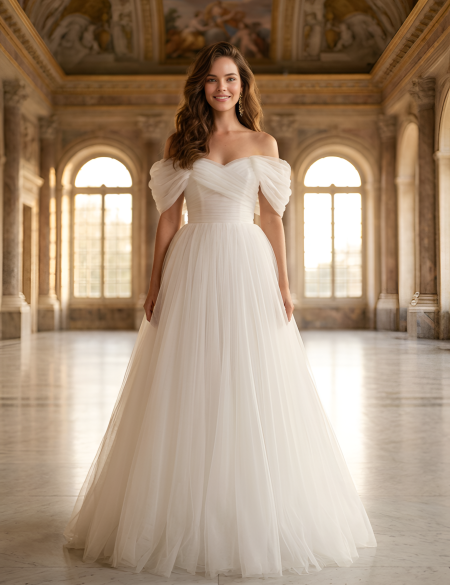 Белое блестящее платье с объемными плечами