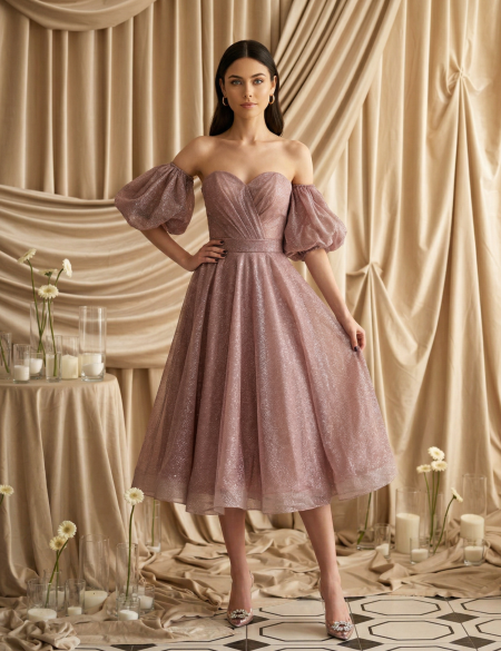 Лиловое блестящее платья миди бандо с буфами