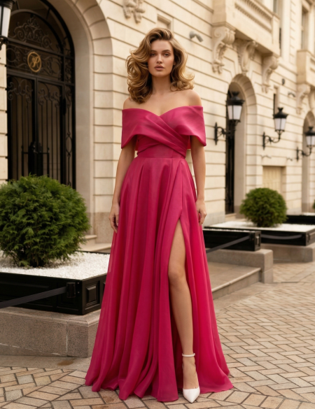 Малиновое платье из органзы со спущенными плечами