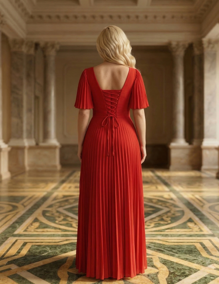Красное платье с плиссированной юбкой и рукавами-крылышками