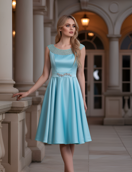 Бирюзовое атласное платье с брошью на талии