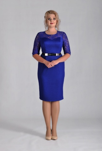 Синее платье с рукавами 3\4 и поясом
