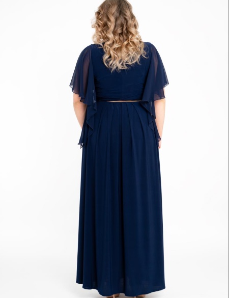 Темно-синее трикотажное платье с шифоновыми рукавами крыло