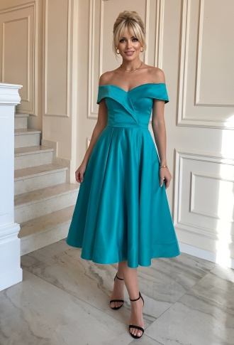 Атласное платье миди со спущенными плечами - морская волна