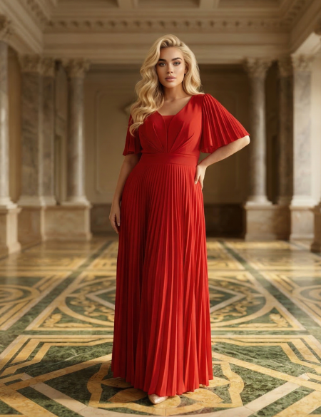 Красное платье с плиссированной юбкой и рукавами-крылышками