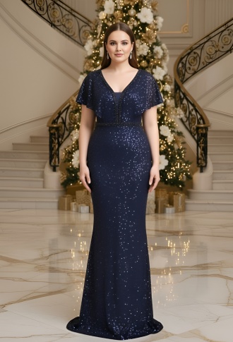 Тёмно-синее платье из пайеток с рукавами крыло