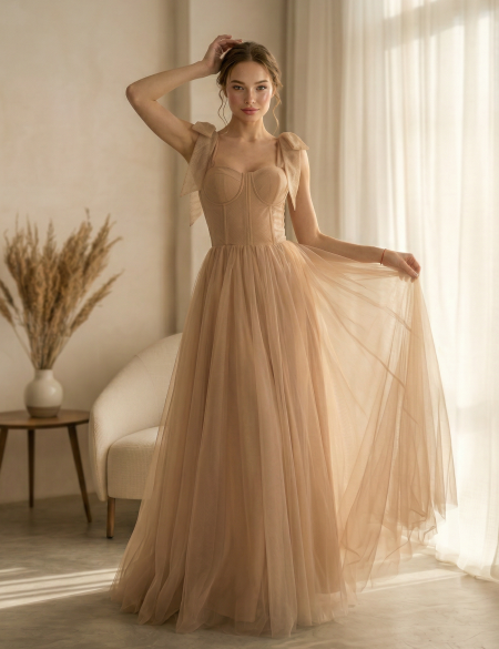 Бежевое фатиновое платье с блестящим верхом и бантиками