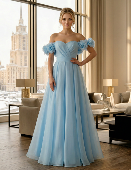 Голубое платье с 3д цветами на плечах