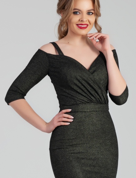 Графитовое вечернее платье-русалка со спущенными плечами на бретельках и рукавом 3\4