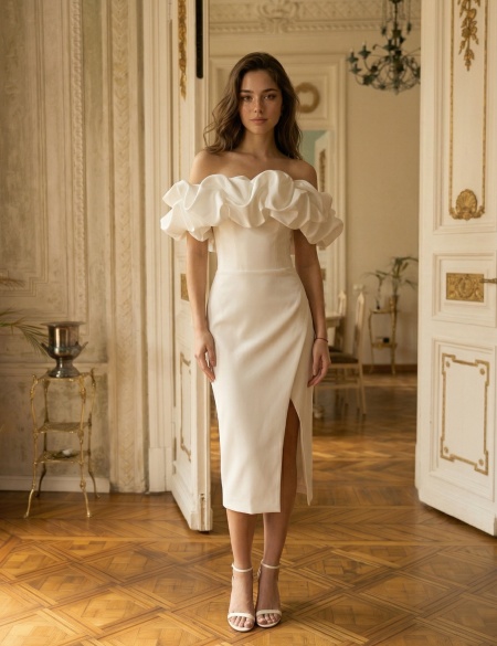 Белое платье миди с разрезом на ноге и оборкой