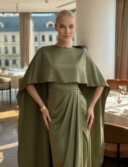 Оливковое платье с кейпом