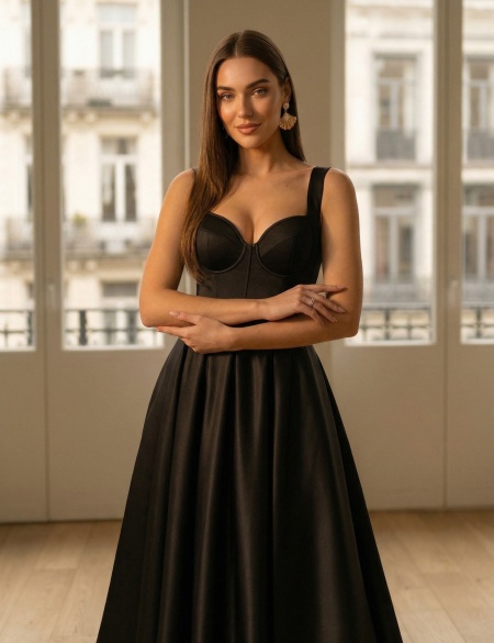 Чёрное атласное платье на бретельках с разрезом на ноге