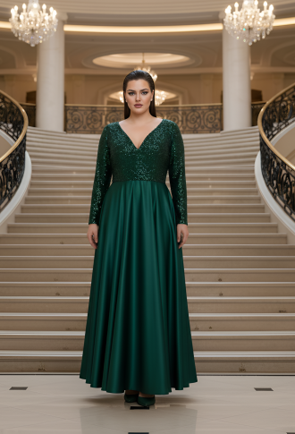 Изумрудное атласное платье с длинными рукавами, верх декорирован пайетками
