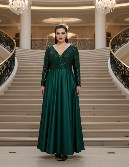 Изумрудное атласное платье с длинными рукавами, верх декорирован пайетками