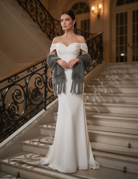 Серый палантин (накидка) с кисточками из натурального меха кролика