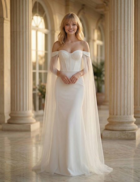 Белое блестящее платье по фигуре с длинными фатиновыми рукавами