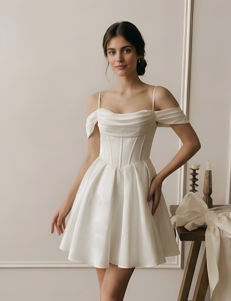 Белое атласное мини-платье на тонких бретелях со спущенными рукавами-крылышками