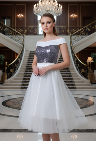 Белое платье со спущенными плечами, блестящим лифом, юбка фатин