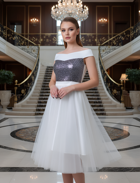 Белое платье со спущенными плечами, блестящим лифом, юбка фатин