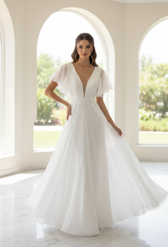 Белое платье из органзы с открытой спиной и рукавами крыло