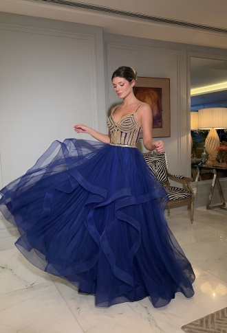 Синее фатиновое платье с многоуровневой юбкой, лиф из страз