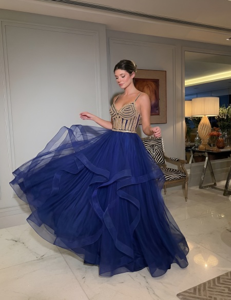Синее фатиновое платье с многоуровневой юбкой, лиф из страз