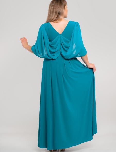 Трикотажное платье с шифоновыми рукавами крыло - Морская волна