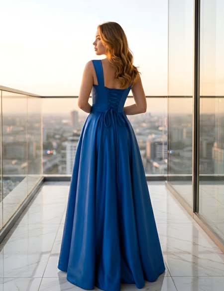 Синее атласное платье на бретельках с разрезом на ноге