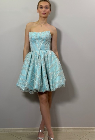 Бирюзовое платье мини с кружевом и пайетками
