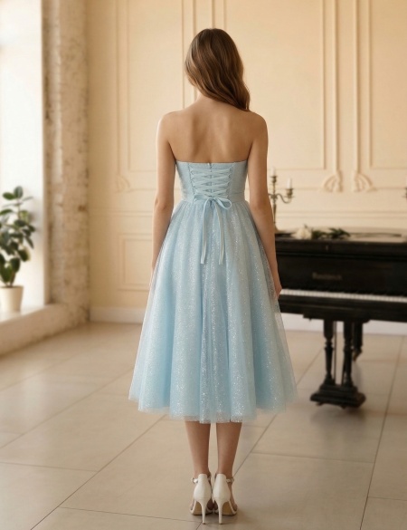 Голубое блестящее платье миди бандо