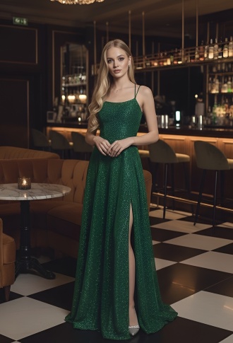 Изумрудное блестящее платье с открытой спиной и разрезом на ноге