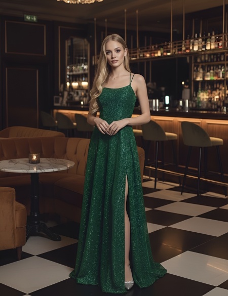 Изумрудное блестящее платье с открытой спиной и разрезом на ноге