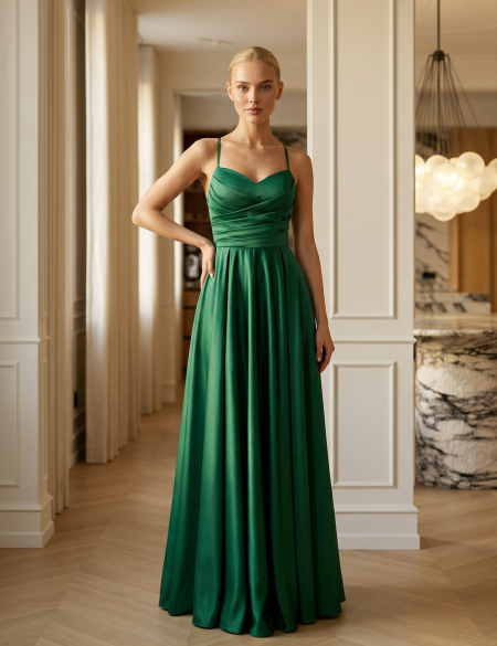 Изумрудное атласное  платье на лямках с разрезом на ноге
