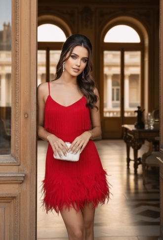 Красное платье из пайеток с бахромой и перьями