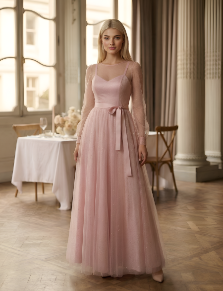 Розовое платье 2 в 1. Блестящее фатиновая накидка с рукавами, атласное платье на лямочках