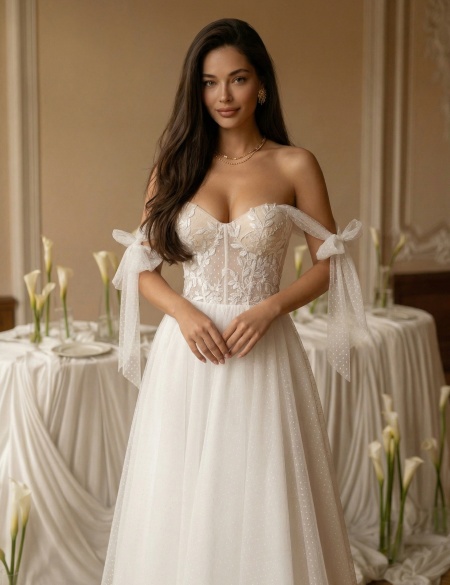 Белое платье миди А-силуэта с кружевным корсетом и воздушными рукавами-бантами