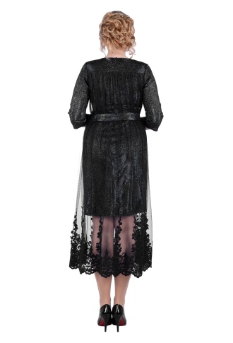 Черное блестящее платье с кружевом на юбке и рукавом 3\4