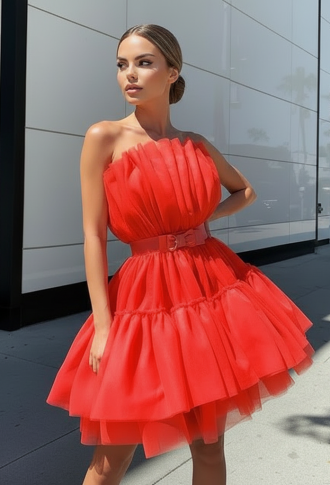Красное короткое фатиновое платье бандо с бантиком