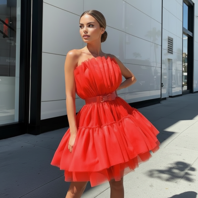 Красное короткое фатиновое платье бандо с бантиком