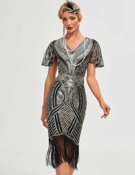 Серебряное платье в стиле Гэтсби с рукавами крыло