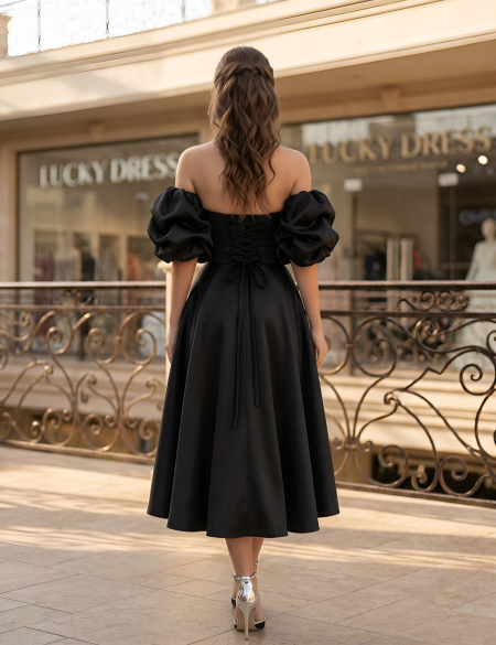 Чёрное платье миди из органзы с пояском