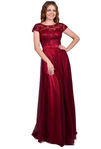 Бордовое фатиновое платье лиф с пайетками