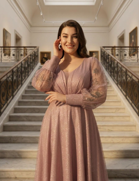 Пудровые блестящее платье с длинными рукавами