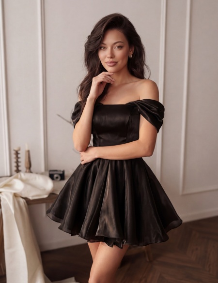 Чёрное пышное платье мини со спущенными плечами