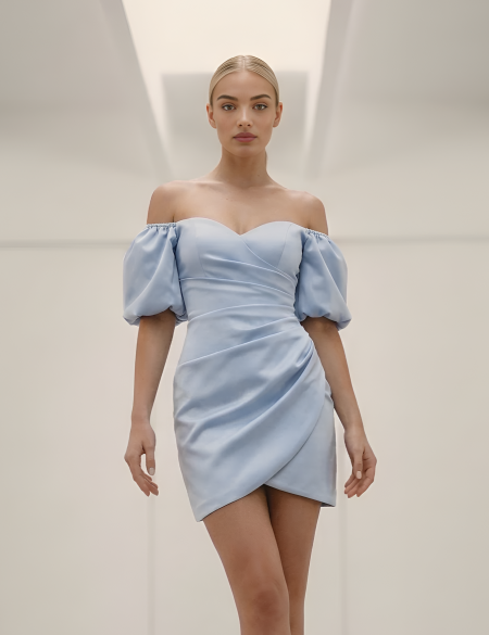 Голубое платье мини с буфами