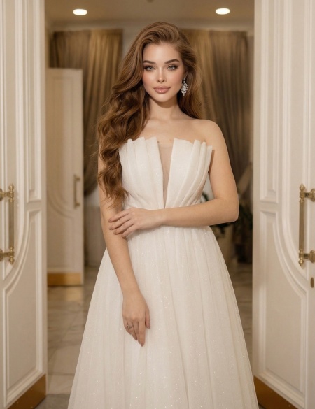 Белое блестящее платье миди бандо