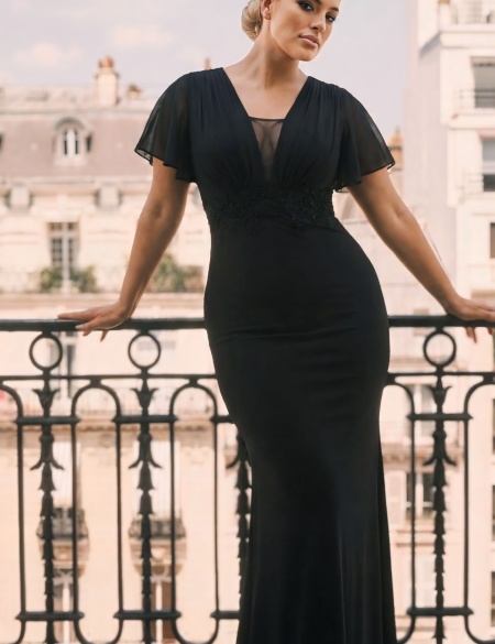 Чёрное шифоновое платье с кружевной отделкой на поясе