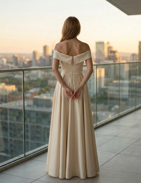 Бежевое атласное платье с разрезом